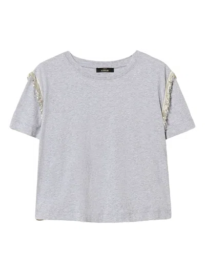 Twinset Beaded-fringe Cotton T-shirt In Gray