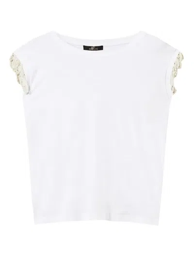 Twinset Beaded-sleeve Cotton T-shirt In Neutral