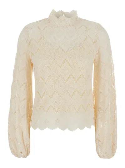 Twinset Beige Blouse With Mock Neck And Scallop Hem In Cotton Woman