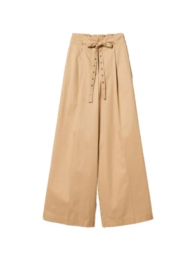 Twinset Beige Cotton Belted Palazzo Pants In Brown