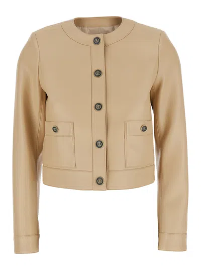 Twinset Twin-set Beige Crewneck Jacket With Logo Buttons In Leather