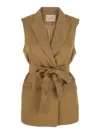 Twinset Beige Double-breasted Vest With Peak Revers And Adjustable Belt In Viscose Blend Woman