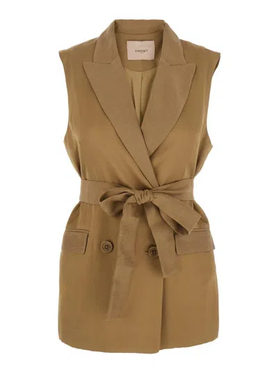 Twinset Beige Double-breasted Vest With Peak Revers And Adjustable Belt In Viscose Blend Woman In Green