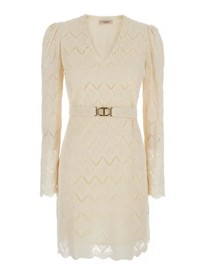 TWINSET BEIGE DRESS WITH METALLIC LOGO PLAQUE AND WAIST BELT IN MACRAMÉ COTTON WOMAN