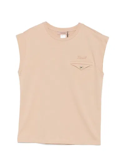 Twinset Beige Embroidered Chest Pocket T-shirt In Nude