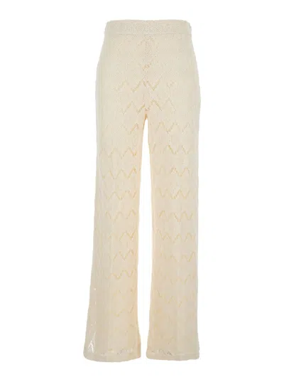 Twinset Beige High-waist Pants With Logo Plaque On The Back In Macramé Cotton Woman