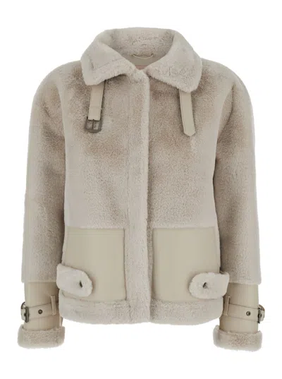 Twinset Beige Jacket With Buckles In Eco Fur Woman  In White