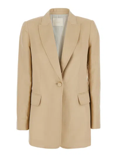 TWINSET BEIGE JACKET WITH CLASSIC LAPELS AND METALLIC LOGO ON THE BACK