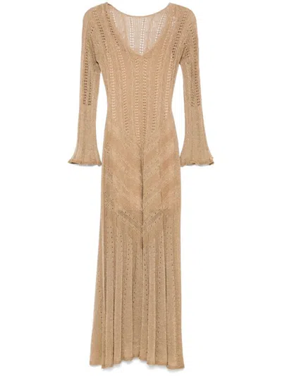 Twinset Beige Midi Dress With Lace Lurex-effect In Brown