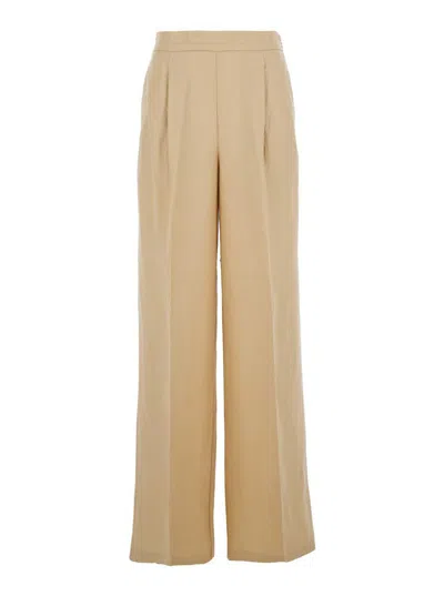Twinset Beige Palazzo Pants With Elastic Waist And Logo Plaque On The Back In Wool Blend Woman In Brown