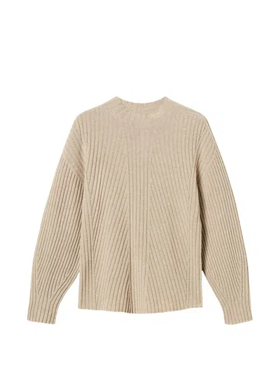 Twinset Beige Ribbed Wool-blend Lurex Mock Neck Sweater In Neutral