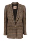 Twinset Beige Single-breasted Jacket With All-over Check Motif In Wool Blend Woman In Brown