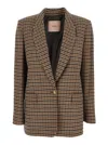 Twinset Beige Single-breasted Jacket With All-over Check Motif In Wool Blend Woman In Brown