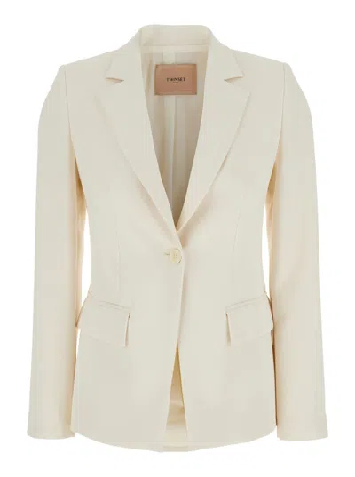 TWINSET BEIGE SINGLE-BREASTED JACKET WITH NOTCHED REVERS IN VISCOSE BLEND STRETCH WOMAN