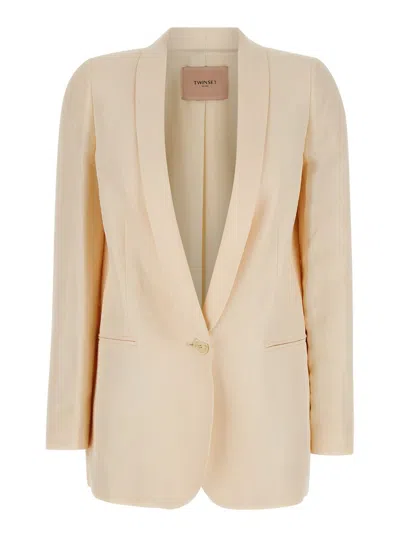 Twinset Beige Single-breasted Jacket With Shawl Neckline In Linen Blend Woman In White