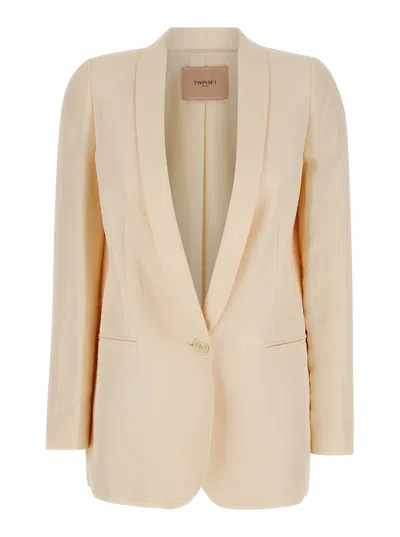 Twinset Beige Single-breasted Jacket With Shawl Neckline In Linen Blend Woman In Neutral