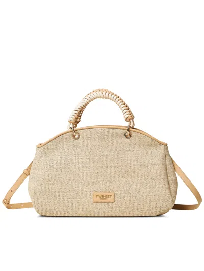 Twinset Beige Structured Woven Handbag In Neutral