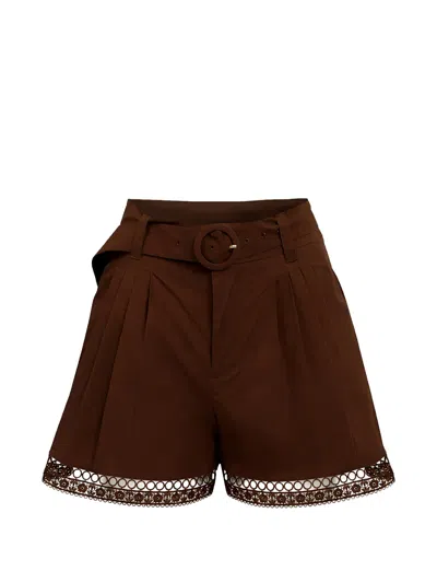 Twinset High-waisted Shorts With Pleated Detailing And Lace Trim In Brown