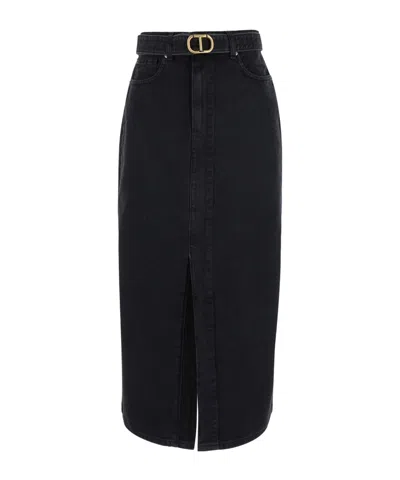 Twinset Belted Denim Midi Skirt In Black