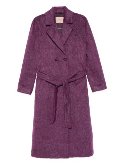 Twinset Belted Double-breasted Coat In Purple