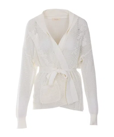 Twinset Belted Embroidered Knit Cardigan In White