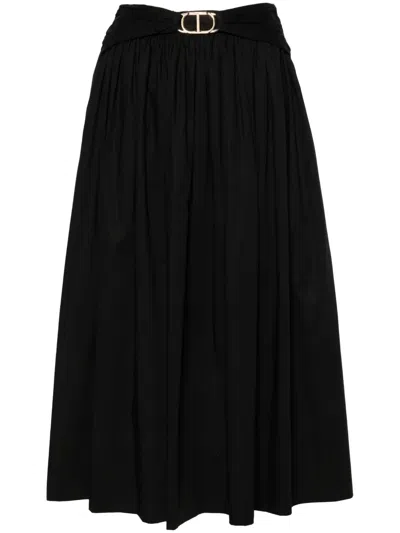 Twinset Belted Flared Midi Skirt In Black