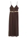 Twinset Coffee Brown Cotton Blended Long Dress With Belt Waist