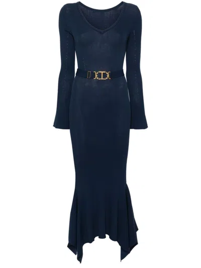Twinset Belted Ruffled Midi Dress In Indigo