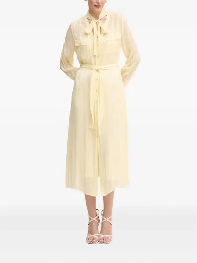 Twinset Belted Tie-neck Shirt Midi Dress In Yellow