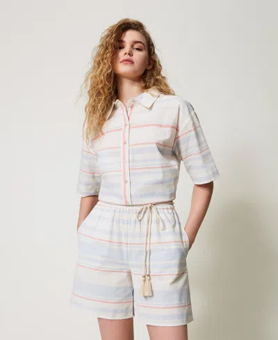 Twinset Bermuda En Lin Mélangé Rayé In White