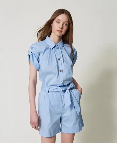 Twinset Bermuda En Popeline Avec Ceinture In Blue