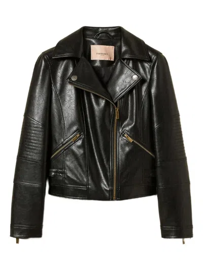 Twinset Biker Quilted-panel Jacket In Black