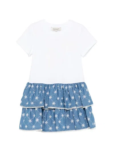 Twinset Kids' Bi-material Dress With Embroidery In Blue