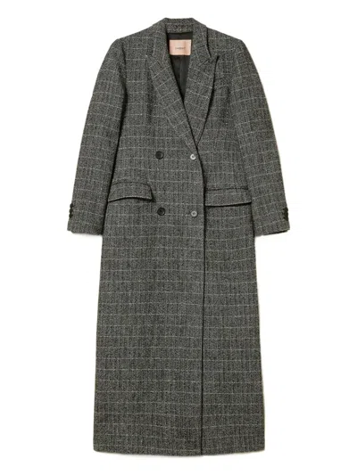 Twinset Checked-print Double-breasted Coat In Gray
