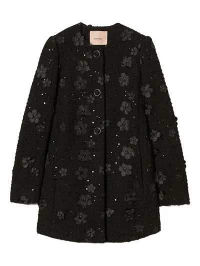TWINSET TWINSET BLACK BOUCLÉ COAT