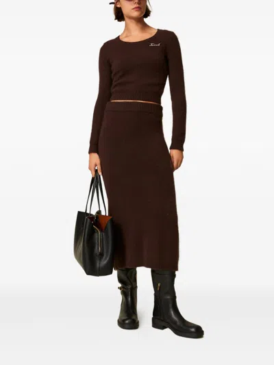Twinset Twin-set Black Chocolate Polyamide Angora Skirt In Brown