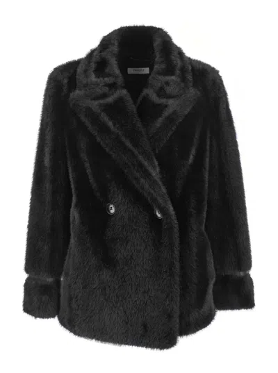 TWINSET BLACK COAT WITH CLASSIC LAPELS IN FAUX FUR WOMAN