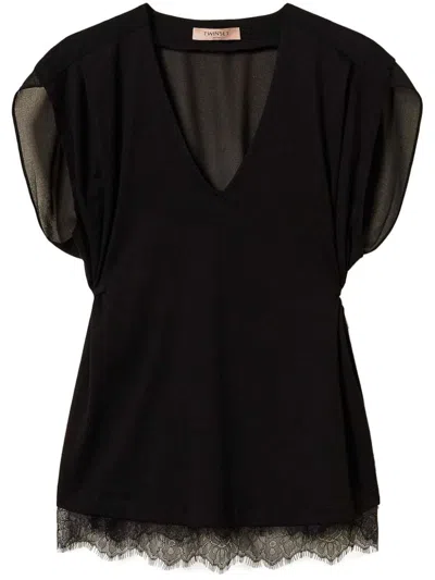 Twinset Black Cotton Blended Top With Rear Tie Fastening