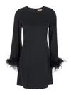 Twinset Black Crewneck Dress With Feathered Cuffs In Viscose Woman In Black