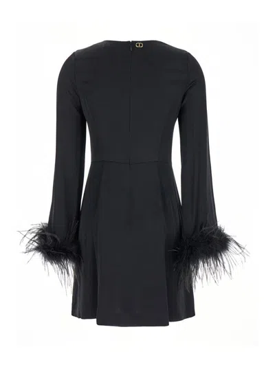 Twinset Black Crewneck Dress With Feathered Cuffs In Viscose Woman