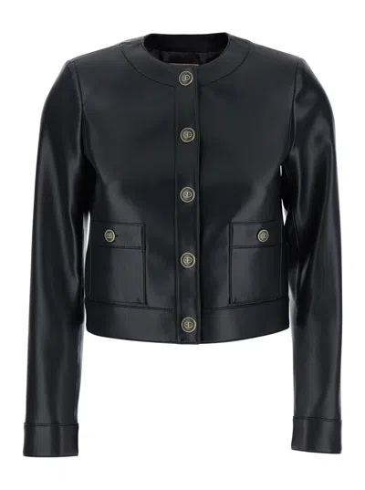 Twinset Twin-set Black Crewneck Jacket With Logo Buttons In Leather