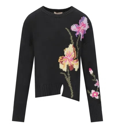 Twinset Floral-embroidered Sweater In Black