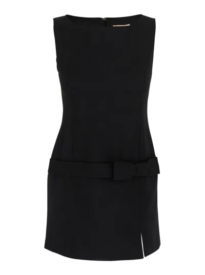 Twinset Black Crewneck Mini Dress With Bow Detail On The Front And Logo Plaque On The Rear In Tech Fabric St