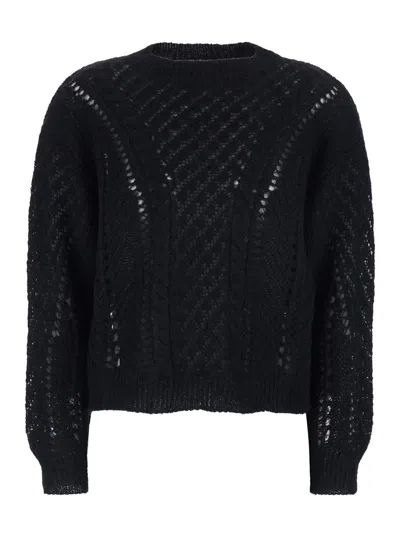 Twinset Black Crewneck Sweater With Logo Plaque On The Rear And Perforated Design In Wool Woman
