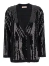 Twinset Black Double-breasted Cardigan With Sequins All-over In Technical Fabric Woman In Black