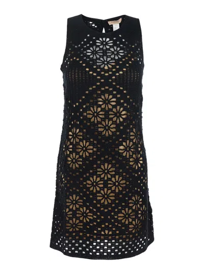 Twinset Black Dress With Knitted Design And All-over Floral Embroidery In Cotton Woman