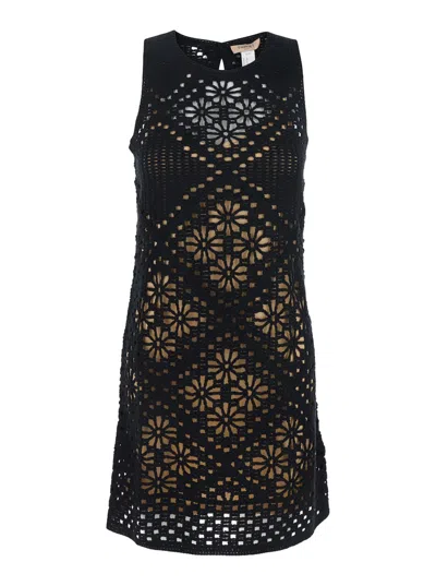 TWINSET BLACK DRESS WITH KNITTED DESIGN AND ALL-OVER FLORAL EMBROIDERY IN COTTON WOMAN