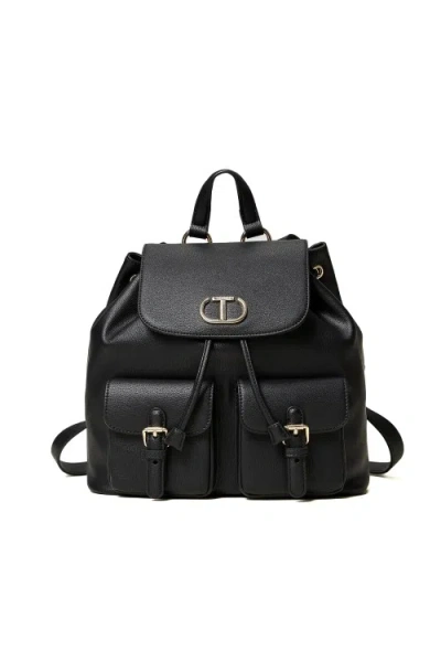 Twinset Black Leather-effect Backpack With Flap