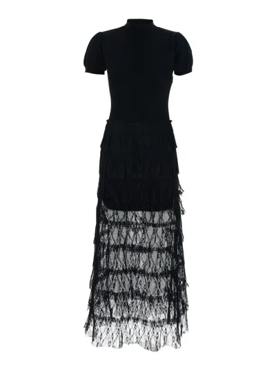 Twinset Black Long Dress With Logo Plaque On The Front And Semi Sheer Skirt In Wool Blend Woman