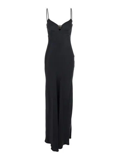 TWINSET BLACK LONG DRESS WITH THIN SHOULDER STRAPS AND METALLIC LOGO PLAQUE ON THE BACK